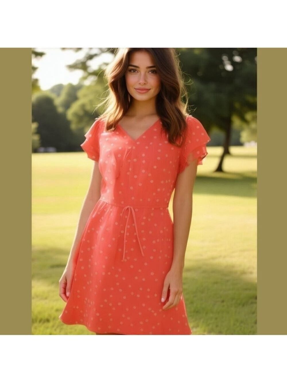 NWT, Maison Jules Coral Polka Dot V-Neck Dress, Size S